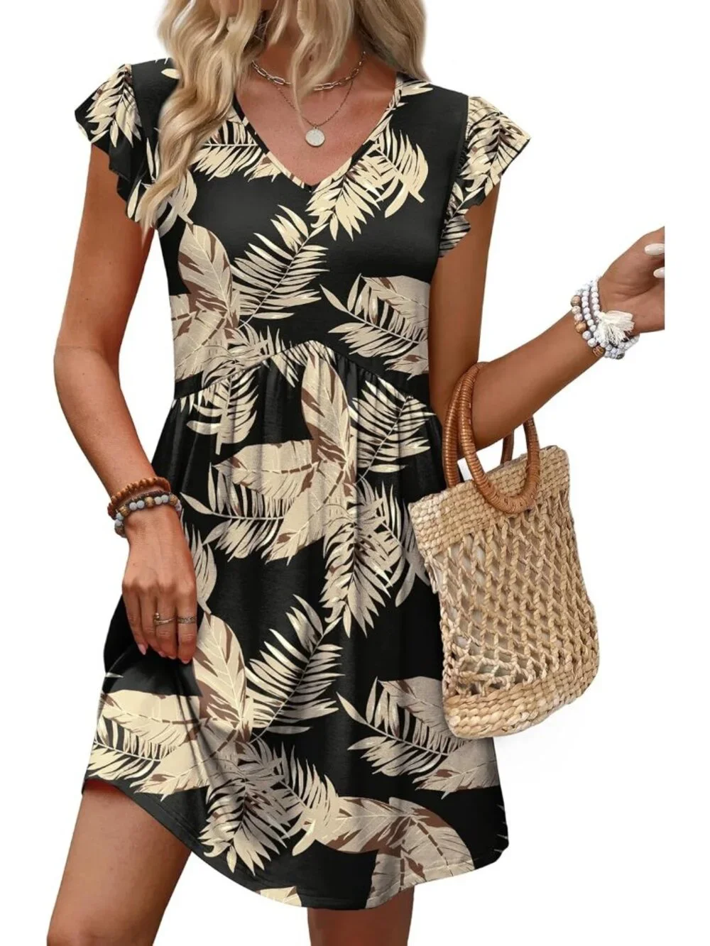 Women Black Apricot Floral  Ruffle Sleeve Baby Doll V Neck Imported Causal Dress